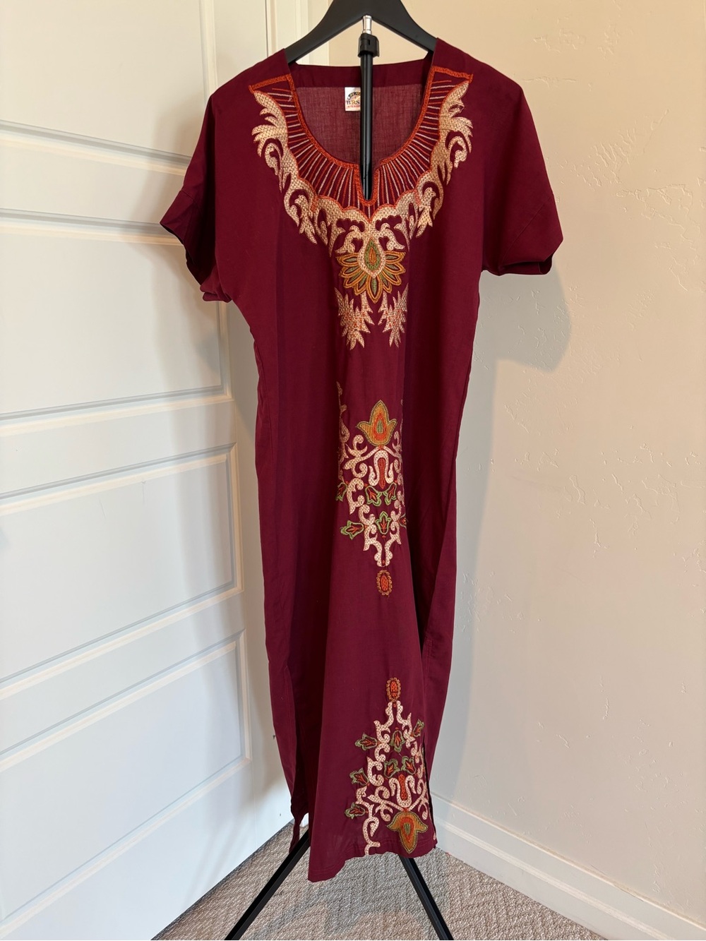 Vintage H.W. BRSY Egyptian Kaftan Maxi Dress Embroidered Burgundy